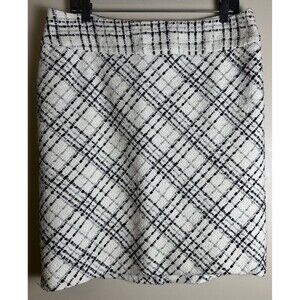 White House Black Market Pencil Skirt Size 12 Plaid Tweed Lined Black Gray White